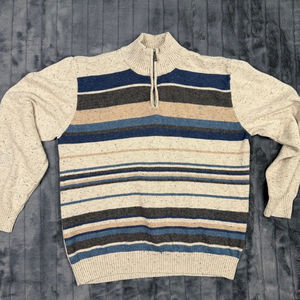 Tricots St Raphael Mens XL Quarter Zip Sweater Oatmeal Speckled Striped Knit